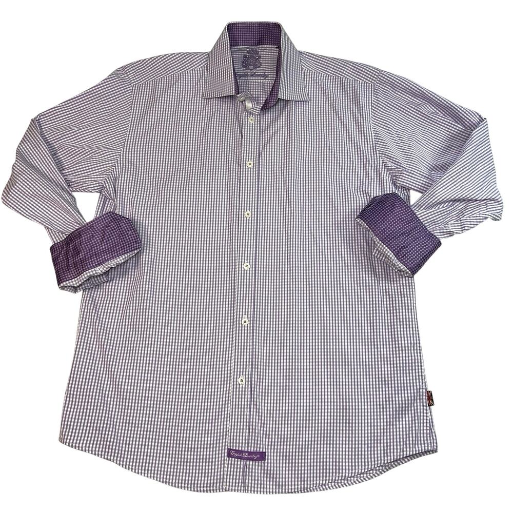 English Laundry Shirt Mens 16 34/35 Purple Gingham Long Sleeve Button Flip Cuff